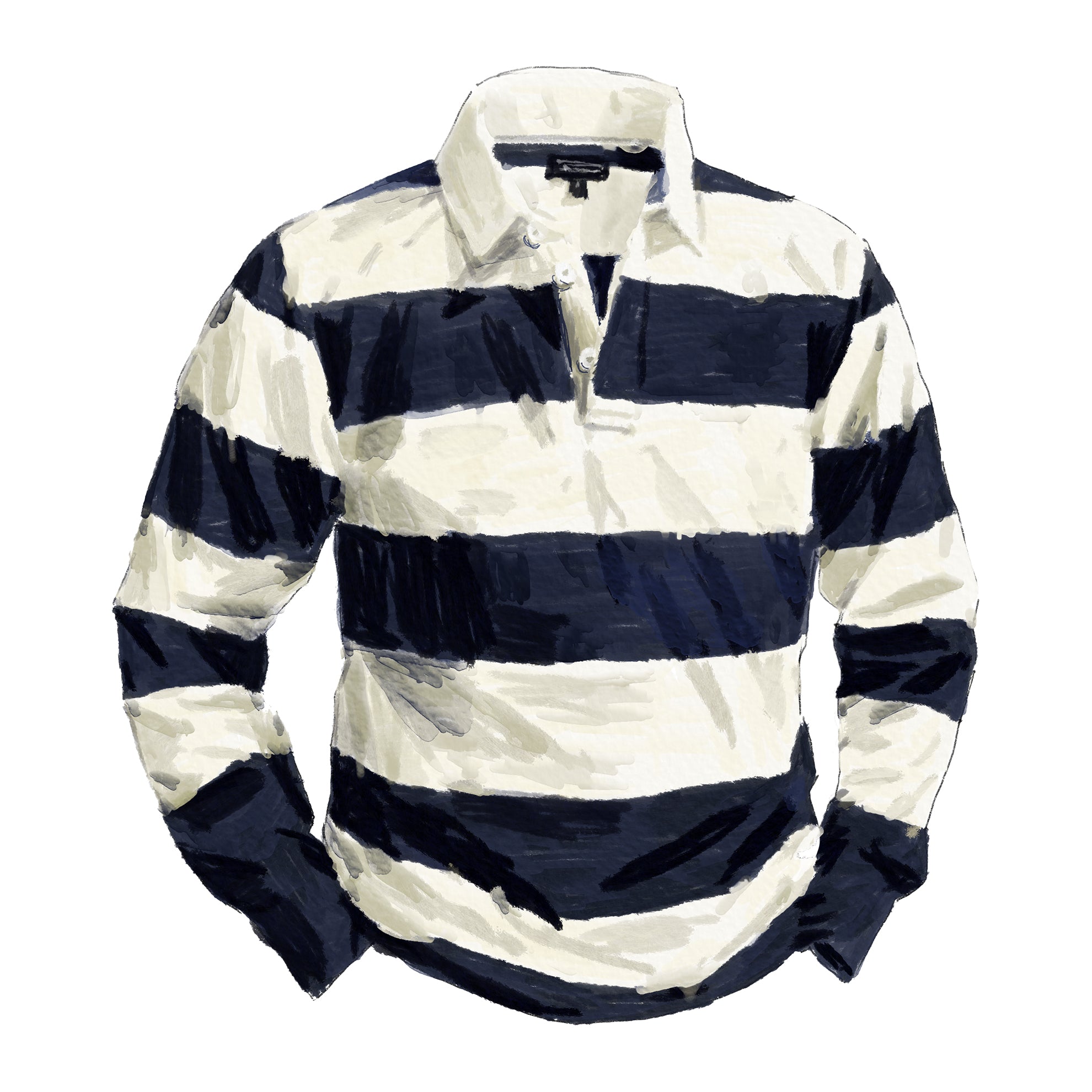 Men's long-sleeve rugby shirt with white collar. Shirt is wide, horizontal navy and white stripes.