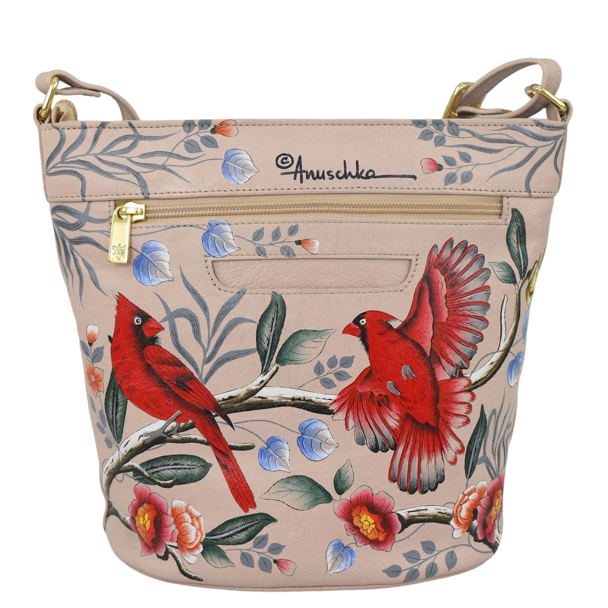 Hand - Painted Cardinals Leather Bucket BagCardinal