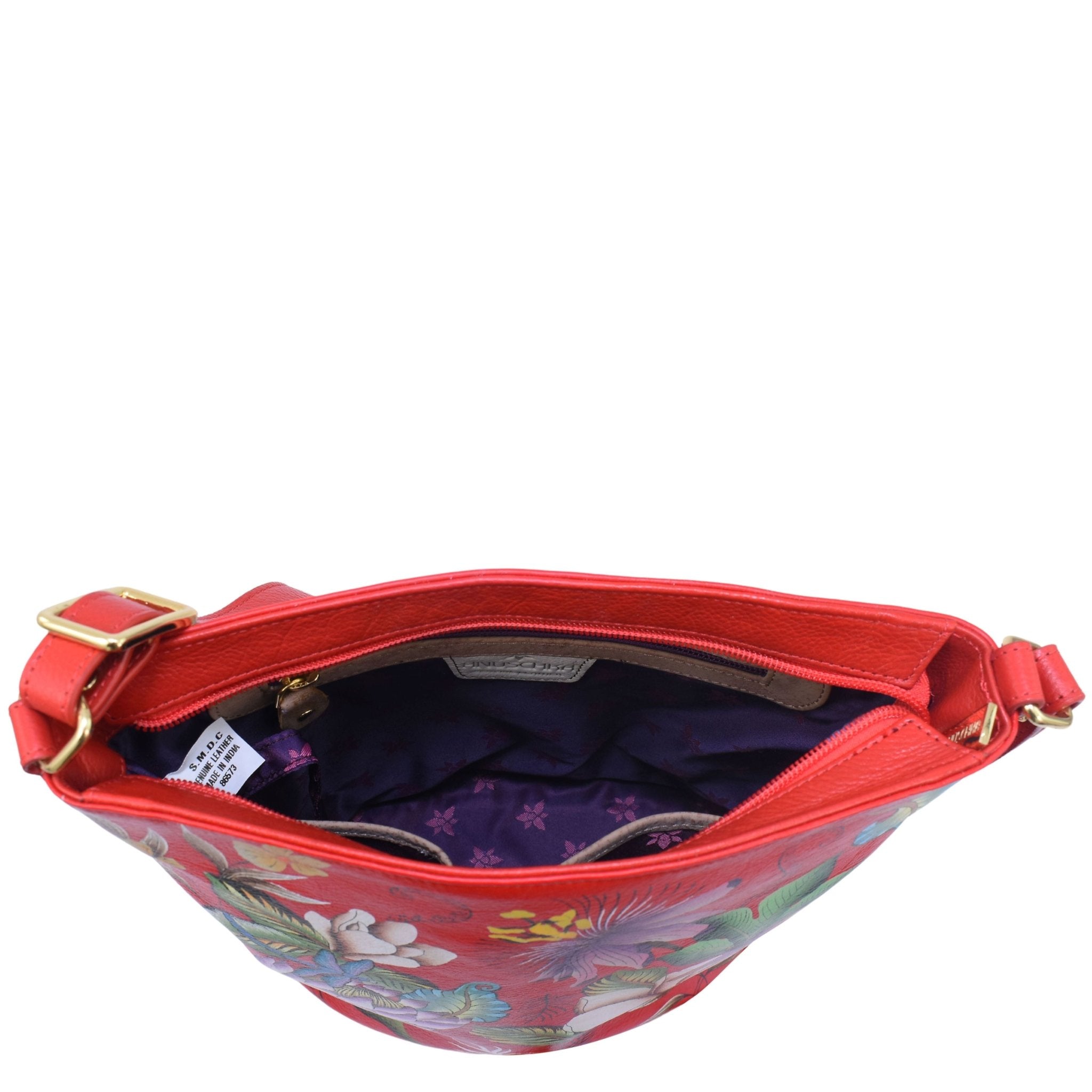 Hand - Painted Cardinals Leather Bucket BagFloral Crimson