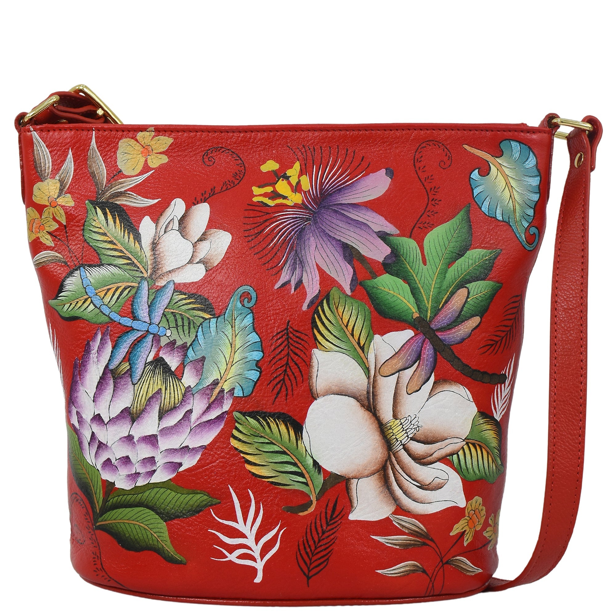 Hand - Painted Cardinals Leather Bucket BagFloral Crimson