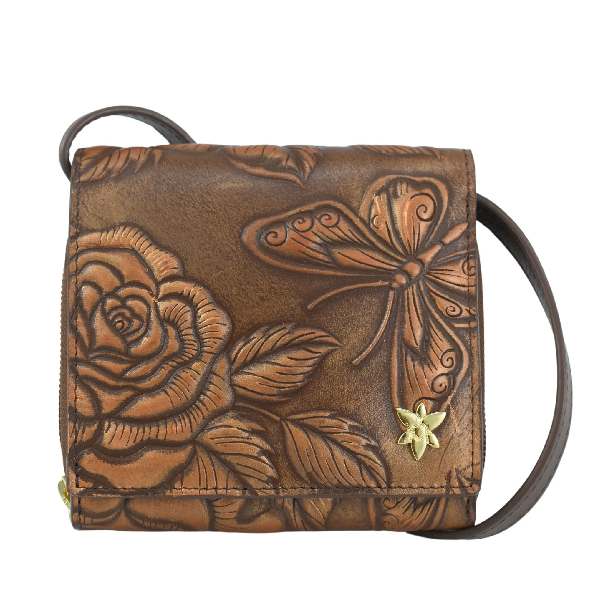 Hand Painted Embossed Leather Crossbody OrganizerRose Bronze