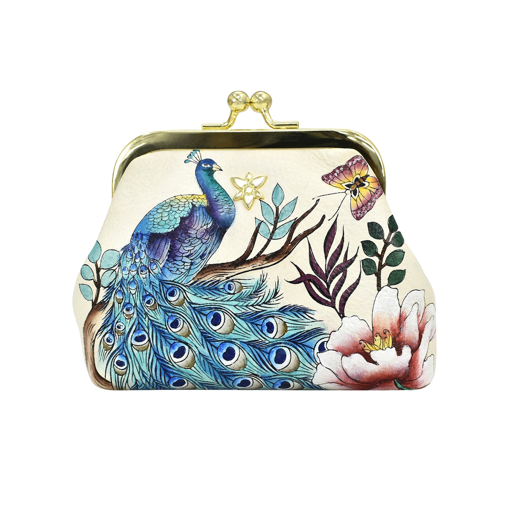 Hand - Painted Leather Coin PursePeacock