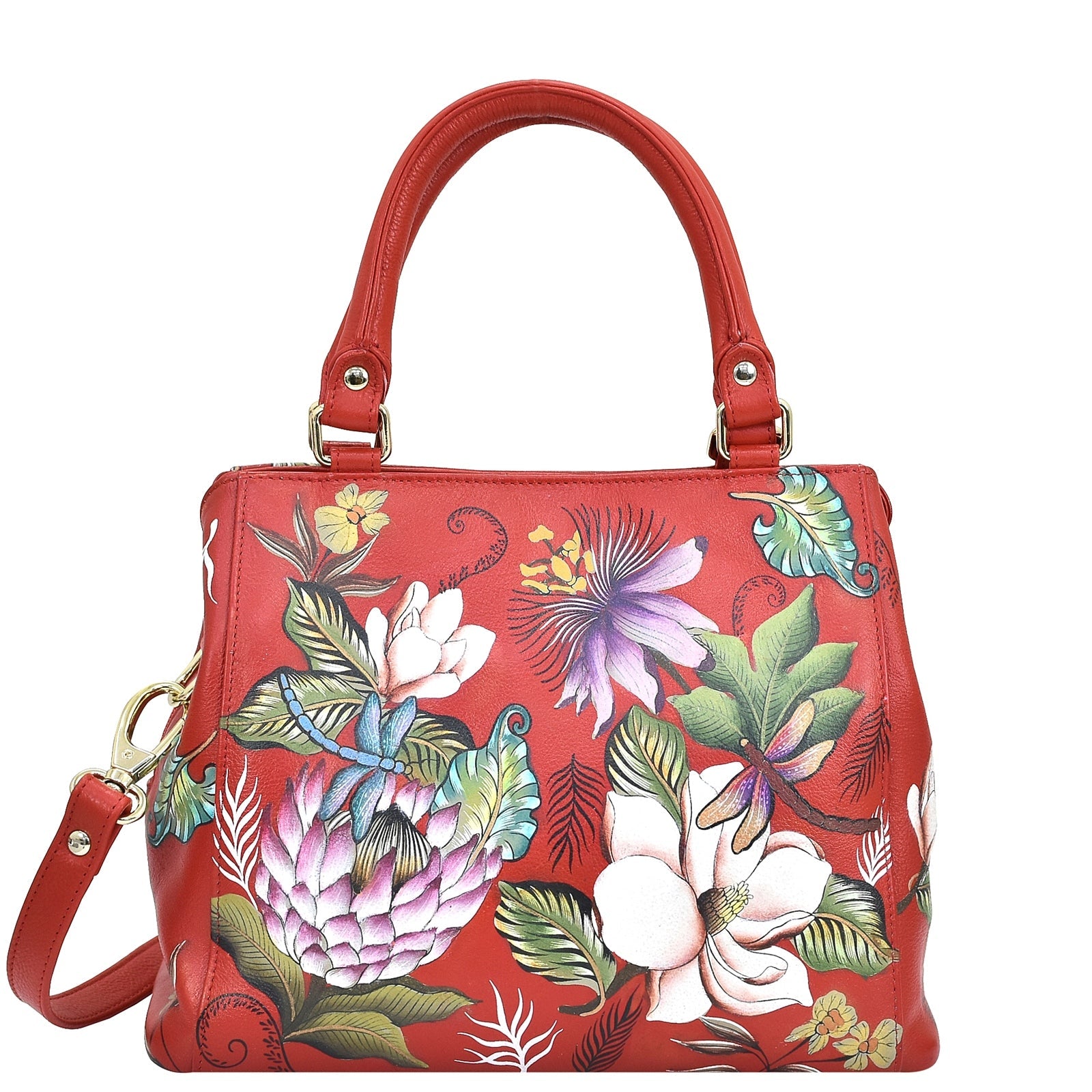 Hand Painted Leather Multi - Compartment SatchelFloral Crimson