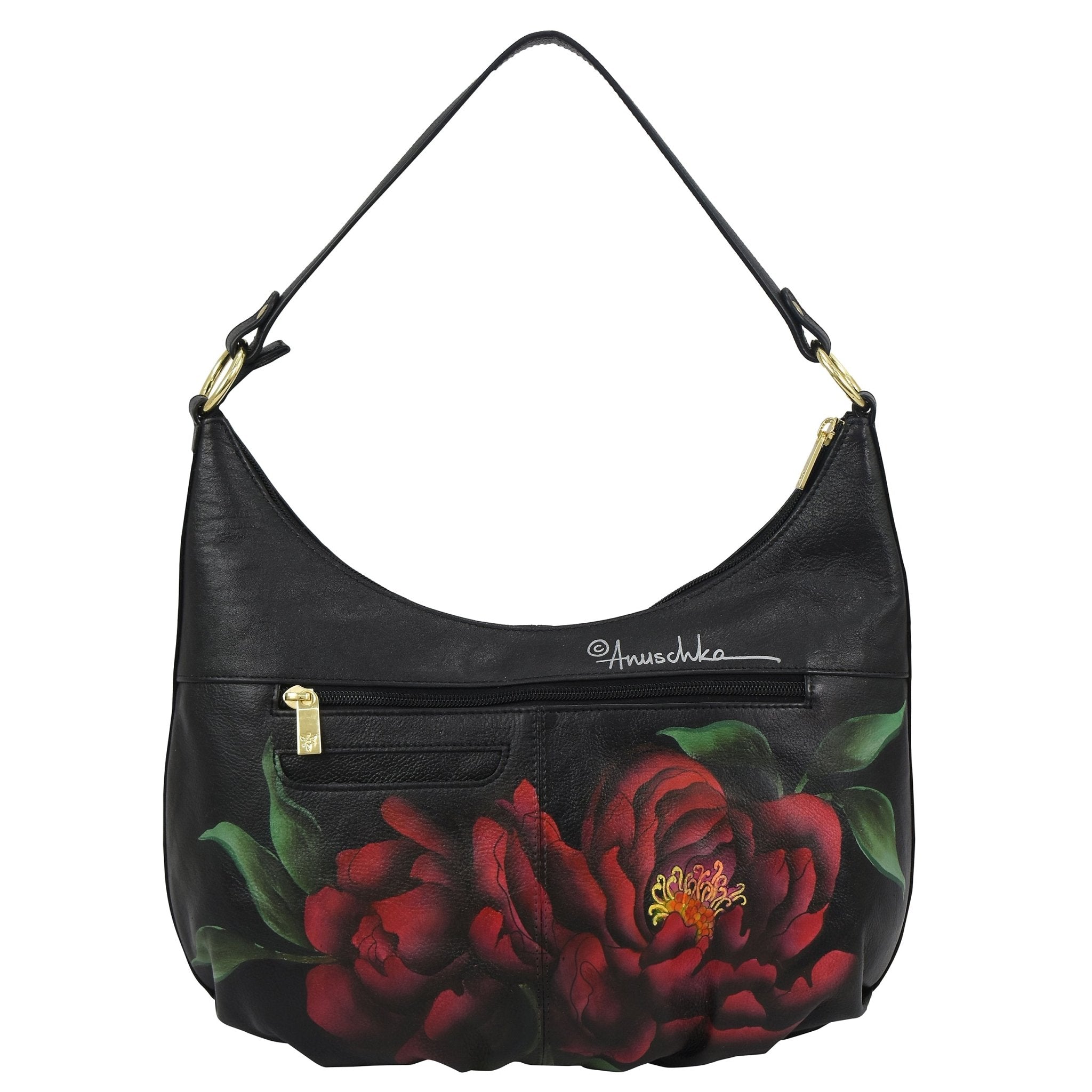 Hand Painted Leather Ruched BagMidnight Peony