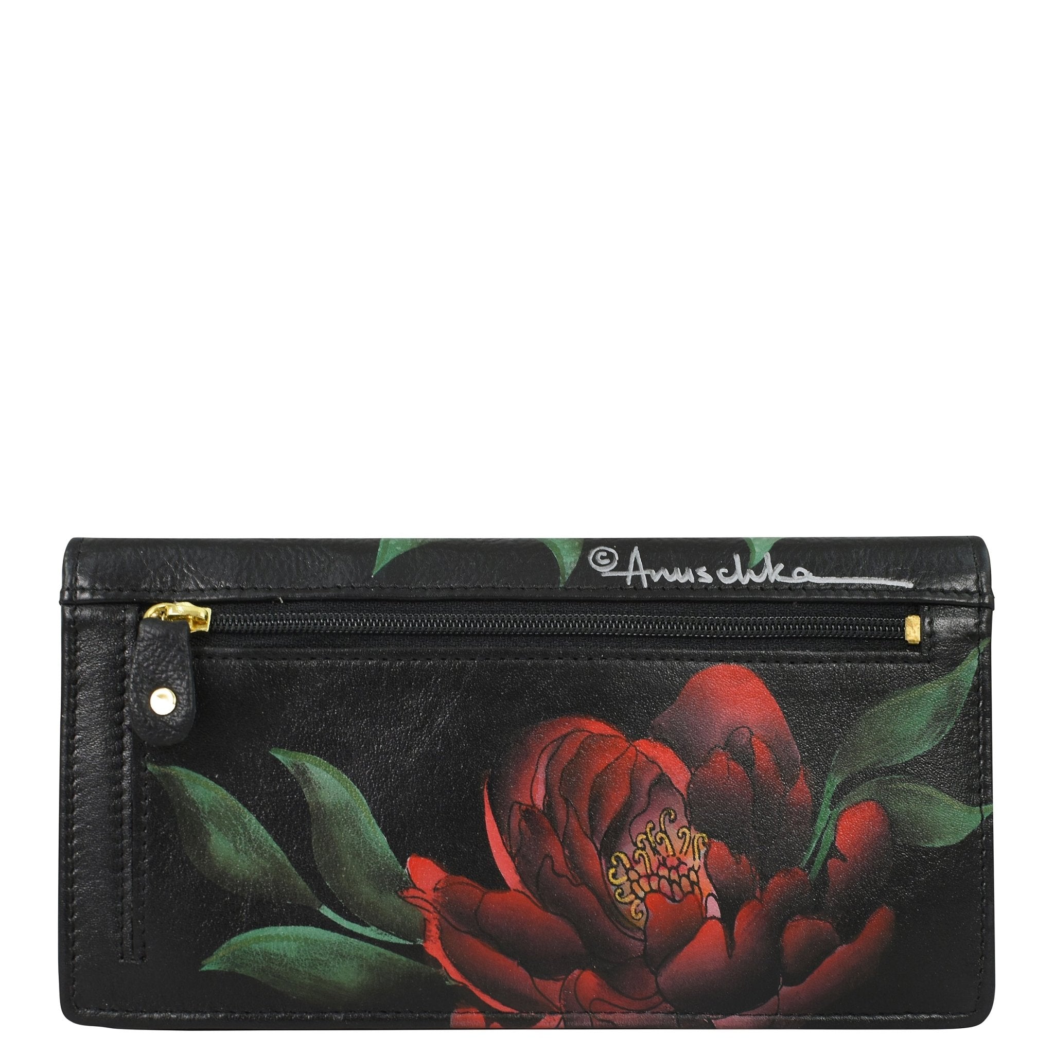 Hand Painted Leather Snap Clutch WalletMidnight Peony