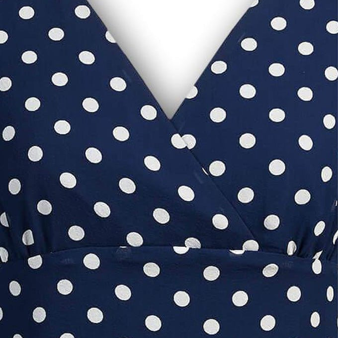 J. Peterman Women's Silk Modern-Fitted Double Layer Flutter Sleeve V-Neckline Blouse - Navy and White Polka Dots