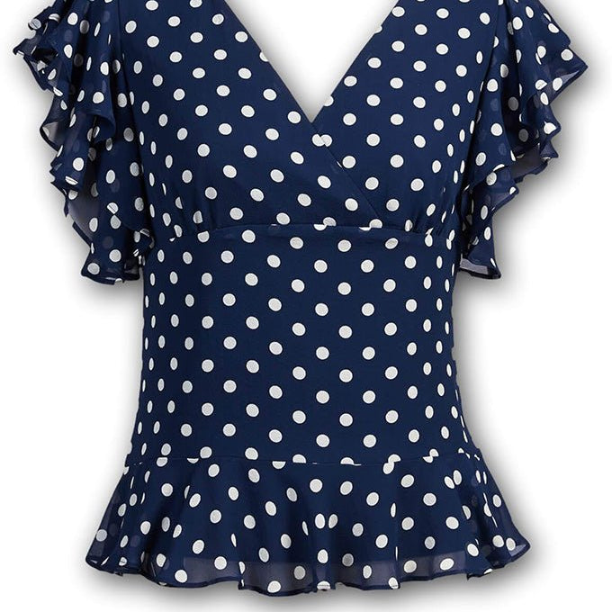 J. Peterman Women's Silk Modern-Fitted Double Layer Flutter Sleeve V-Neckline Blouse - Navy and White Polka Dots Navy