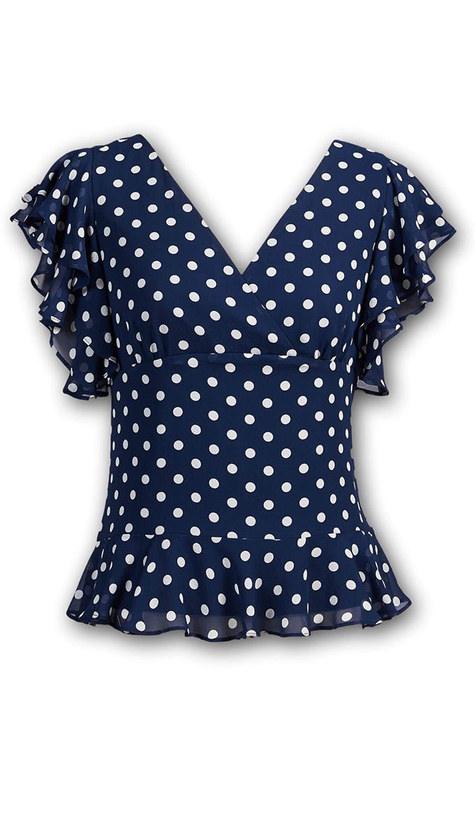 J. Peterman Women's Silk Modern-Fitted Double Layer Flutter Sleeve V-Neckline Blouse - Navy and White Polka Dots Navy