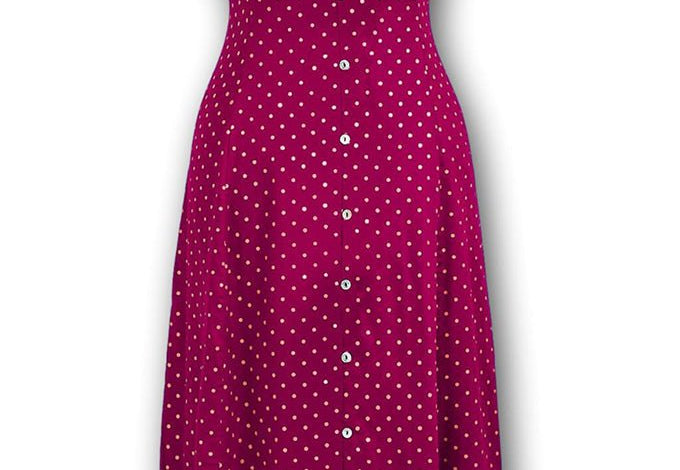 J. Peterman Women's V-Neckline Short Sleeve Button Front Satin Flowy Maxi Dress with Mini Polka Dots Fuchsia