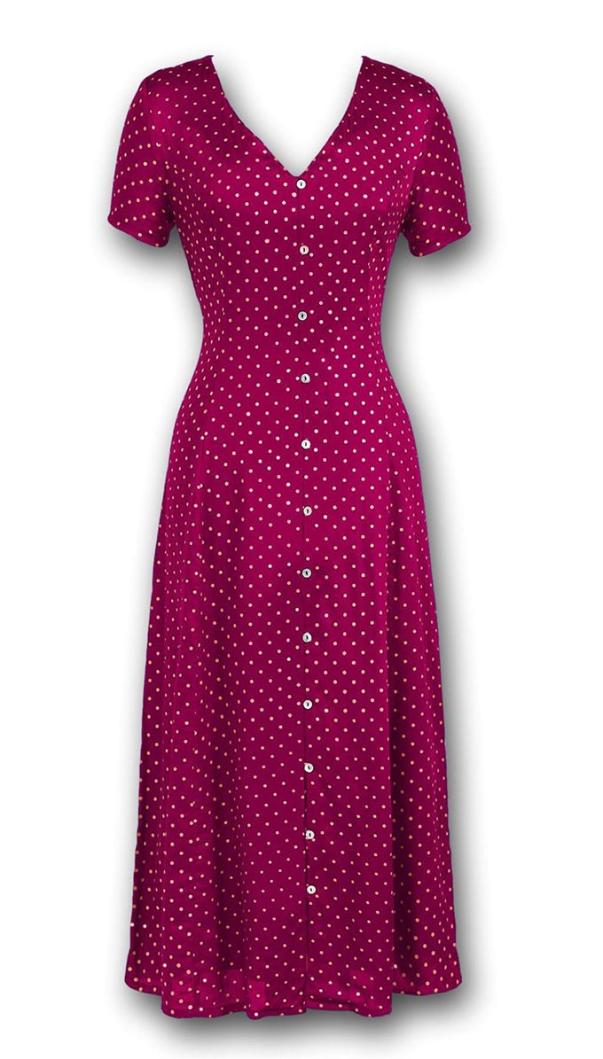 J. Peterman Women's V-Neckline Short Sleeve Button Front Satin Flowy Maxi Dress with Mini Polka Dots Fuchsia
