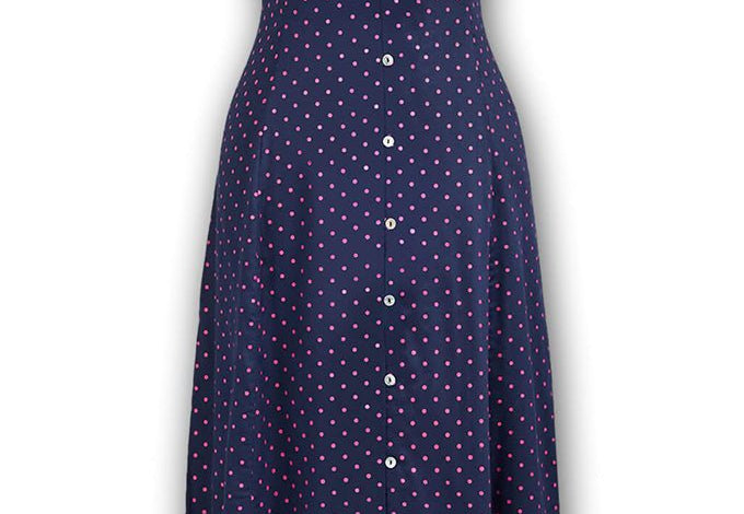 J. Peterman Women's V-Neckline Short Sleeve Button Front Satin Flowy Maxi Dress with Mini Polka Dots Navy
