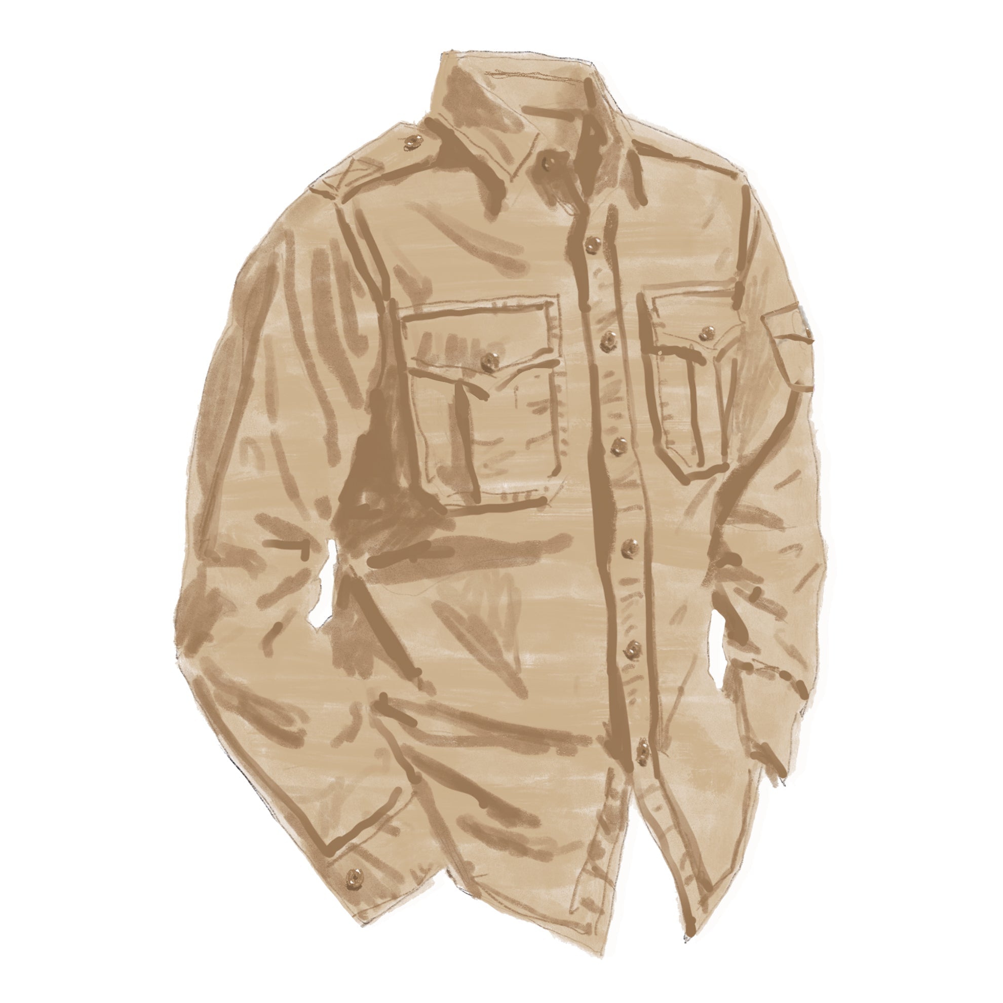 Men's cargo-style button-down shirt with two front pockets in khaki color.