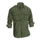 Men's cargo-style button-down shirt with two front pockets in deep olive color.