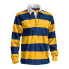 Men's long-sleeve rugby shirt with white collar. Shirt is wide, horizontal navy and gold stripes.